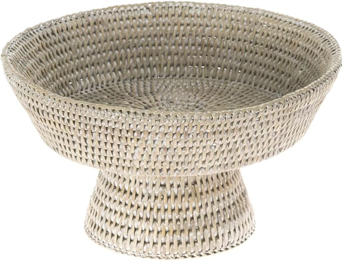 KOUBOO La Jolla Rattan Fruit Bowl, Decorative Kitchen Basket, Wicker Storage Bowl for Fruit, Vegetables, Modern Home Decor, Serving Platter, Small Scalloped Tray, White Wash
