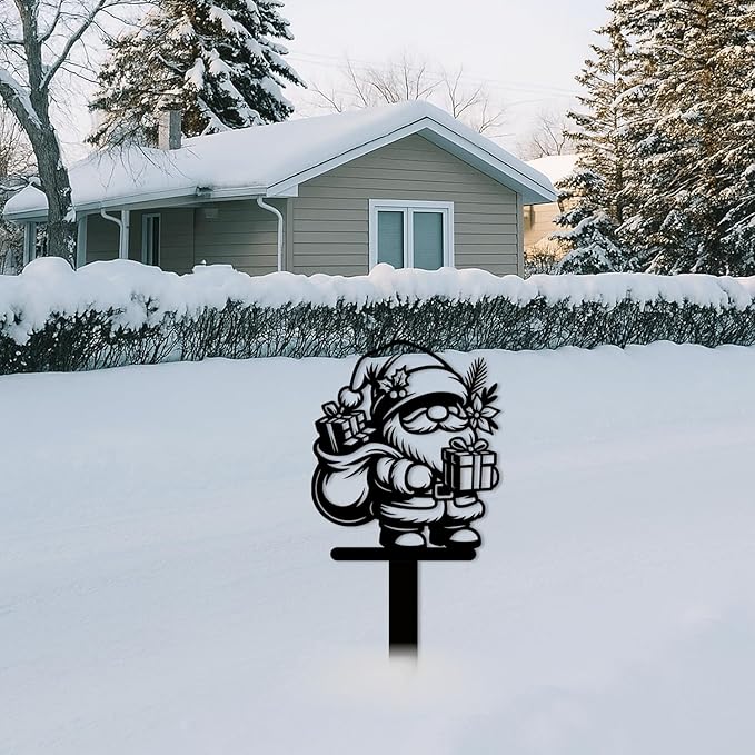 Magilab Personalized Iron Yard Stake - Christmas Cute Gnome Dwarves Decor, 8-Inch Black Metal Garden Sign for Outdoor (Style P)