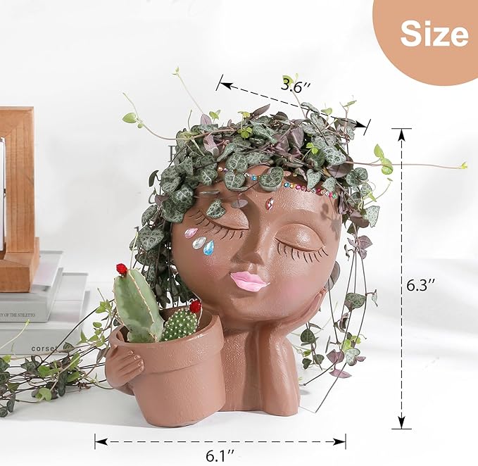 vomiceak Face Planter Pots Head Planters for Indoor Outdoor Plants - Double Plant Pots for Flower Succulent with Drainage Holes - Ideal Present Ideas(Black Lady)