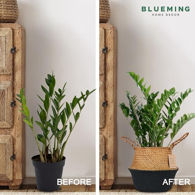 Blueming Large Seagrass Planter Basket – Wicker Planter Pot for Olive Trees, Faux Plants, or Snake Plant, Woven Rattan Planters for Modern Home Decor (Black Bottom, Large)