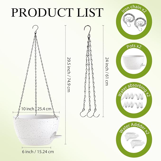 SQKH 10 Inch Hanging Baskets 2 PC with Chains, Self-Watering Hanging Planters for Indoor Outdoor Plants, Plastic Hanging Flower Pots,Speckled White