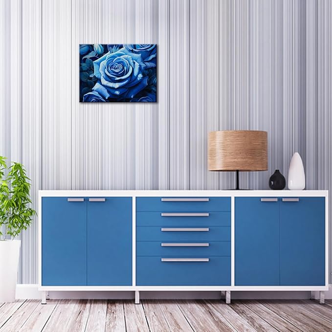 FUNHUA Blue Rose Wall Art - Blue & Black Framed Artwork for Bedroom, Kitchen, Bathroom & Wedding Decor - 12x16inches