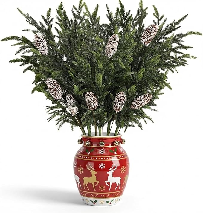 24 Pcs 23 Inch Christmas Realistic Norfolk Pine Branch Set with Pine Cones Stems Artificial Green Plants Branches Faux Greenery Stem Fake Cedar Picks for Vase DIY Garland Wreath Home Decor