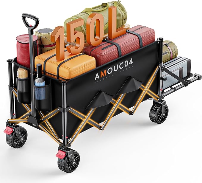 Wagon Cart Foldable, Collapsible Wagon with Expandable Storage, 150L Foldable Grocery Cart with 2 Cup Holders for Outdoor, Garden, Camping &Groceries