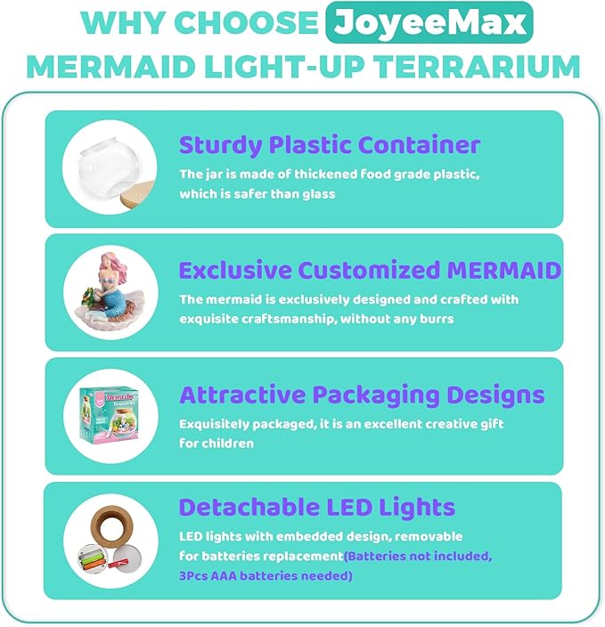 JOYEEMAX Mermaid Light-Up Terrarium Kit for Kids - LED Night Light Birthday Gift for Girls Ages 4 5 6 7 8-12 Year Old - Mermaid Toys for Girls - DIY Arts and Crafts Kit for Kids