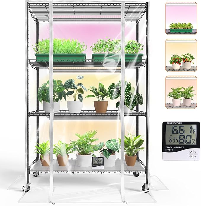 Bstrip Indoor Greenhouse with Grow Light, Plant Stand with 3 Pack Full Spectrum Plant Lights , 3 color modes, Plant Shelf with Tent for Indoor Plant, Seed Starting, Seed Tray, 35.4"x13.8"x59"