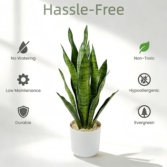 Fake Snake Plant, 27in Fake Plant with White Pot Realistic Leaves, Low Maintenance Artificial Potted Plants for Indoor Decor, No Watering Needed, Perfect for Home, Office & Pet Areas