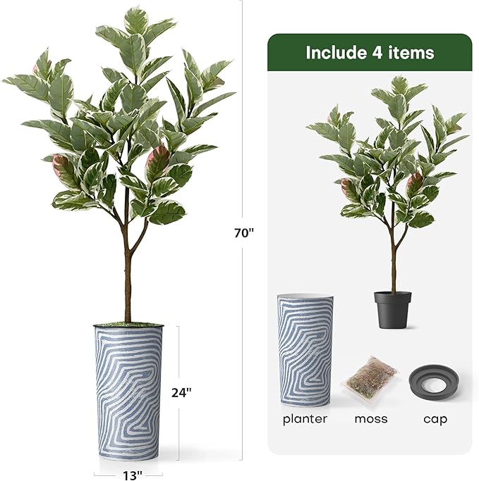 Artificial Tree in Contemporary Geometric Pattern Planter, Fake Rubber Silk TRE for Indoor and Outdoor Home Decoration - 70" Overall Tall (Plant Pot Plus Tree)