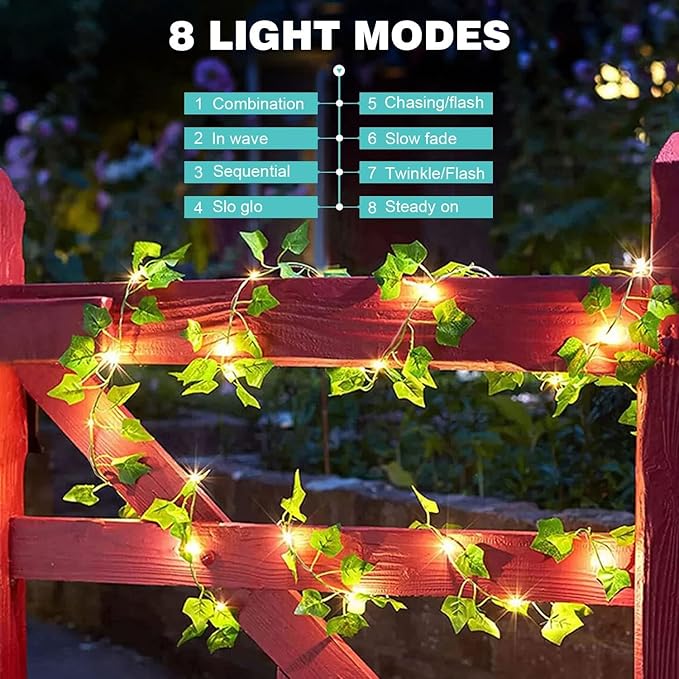 Outdoor Solar Fairy Lights, 39.3ft Ivy Fairy Lights with 120 LED String Lights, Solar Vine Lights Outdoor Weatherproof, 8 Modes Leaf Light for Garden, Balcony, Patio, Room Decoration