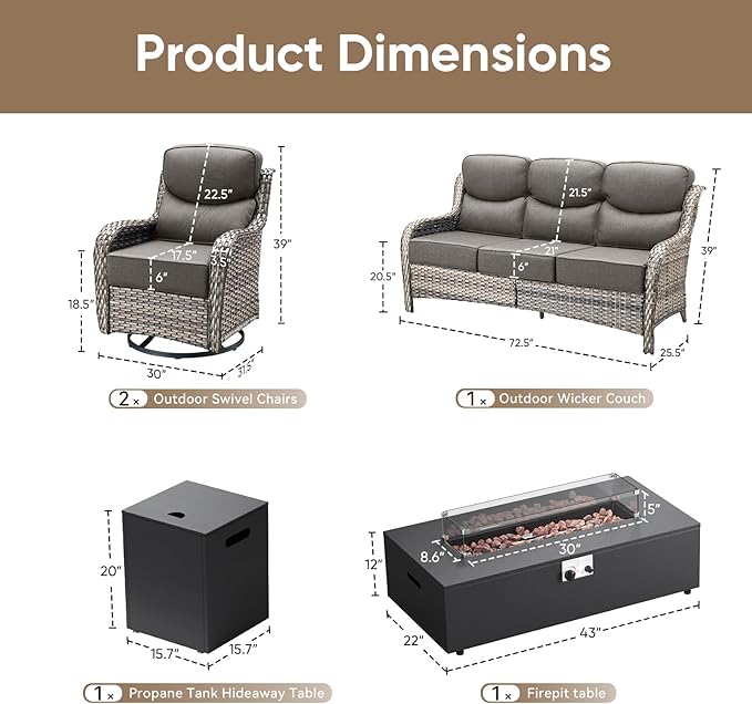 HUMMUH Luxury Patio Furniture Set 6-inch Thick Cushions High Back Swivel Rocker Chairs & 3 Seater-Couch & Steel Fire Pit Table 5 Pieces Outdoor Conversation Set for Porch,Deck,Backyard