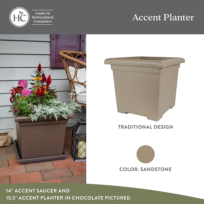The HC Companies Accent Square Plant Pot w/Drainage - Classic Planters for Outdoor Plants & Indoor Plants - Lightweight & UV-Resistant Square Planter Box (15.5”, Sandstone, Pack of 1)