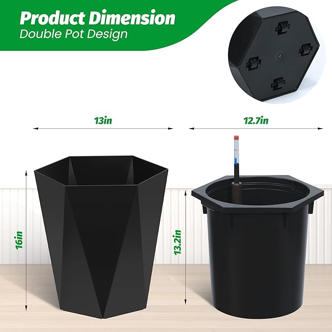 Set of 2 Tall Planters for Outdoor Plants, 16" Large Planter Pots with Drainage Holes & Water Level Monitor, Self-Watering Flower Pots for Patio, Porch, Garden, Front Door Decor, Indoor Outdoor