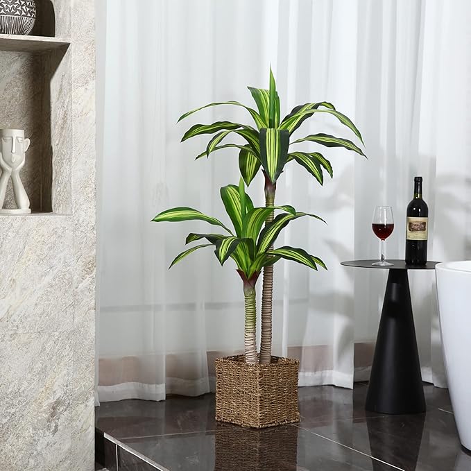 Ferrgoal Artificial Plants, 4 Ft Dracaena Tree Faux Plants Indoor Outdoor Decor Fake Tree with Woven Seagrass Basket Plants for Home Decor Office Living Room Porch Patio Perfect Housewarming Gift
