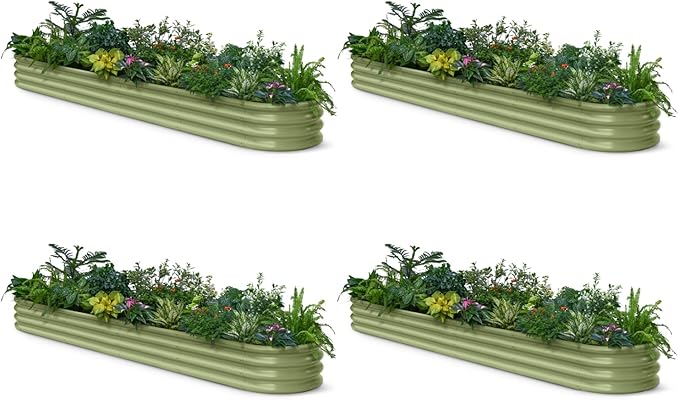 4-Pack Galvanized Raised Garden Bed 10x2x1 | 8x4x1 ft, 12" Tall Metal Planter Box for Outdoor Plants, Modular Raised Flower Bed Rust Resistant Coating, Long Planter for Vegetable - Moss Green