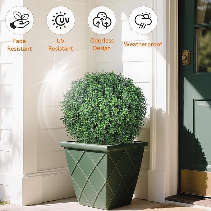 26" Topiary Trees Artificial Outdoor Boxwood Balls, UV Resistant Faux Boxwood Plants Set of 2, 19.7" W Realistic Evergreen Potted Fake Shrubs and Bushes for Home Office Patio Garden Front Porch Decor