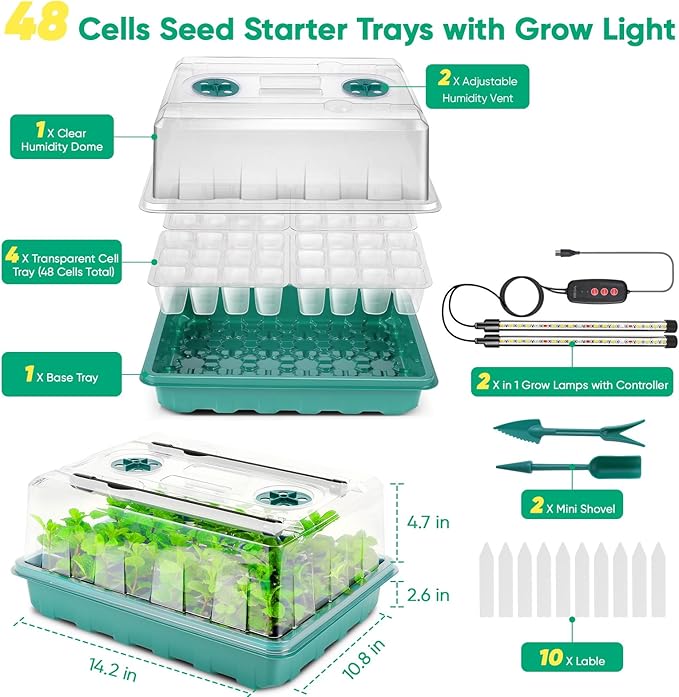 48 Cells Seed Starter Tray with Grow Light, Seed Starter Kit with Adjustable Humidity Dome, Seed Starting Trays Plant Starter Kit for Seeds Growing Starting, Indoor Gardening, Greenhouse