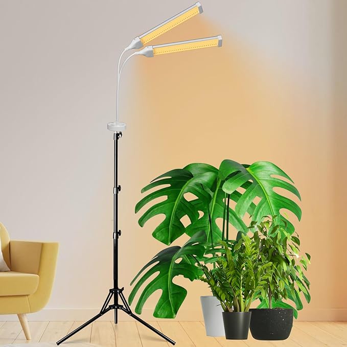 Secefeao Grow Lights for Indoor Plants Full Spectrum, LED Plant Light with Stand, Adjustable Height, 4/8/12H Timer, 10 Dimmable Levels & 3 Lighting Modes (Stand-2 Head)