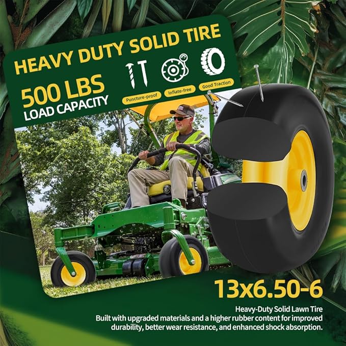 13x6.50-6 Lawn Mower Tires Flat Free with Rim Assemblies (2 Pack),Universal 13x6.5-6 Solid Smooth Rubber Zero-Turn Lawn mowers Tire,5.5"-7.72”Centered Hub and 3/4" extra 5/8" 1/2” Bushings