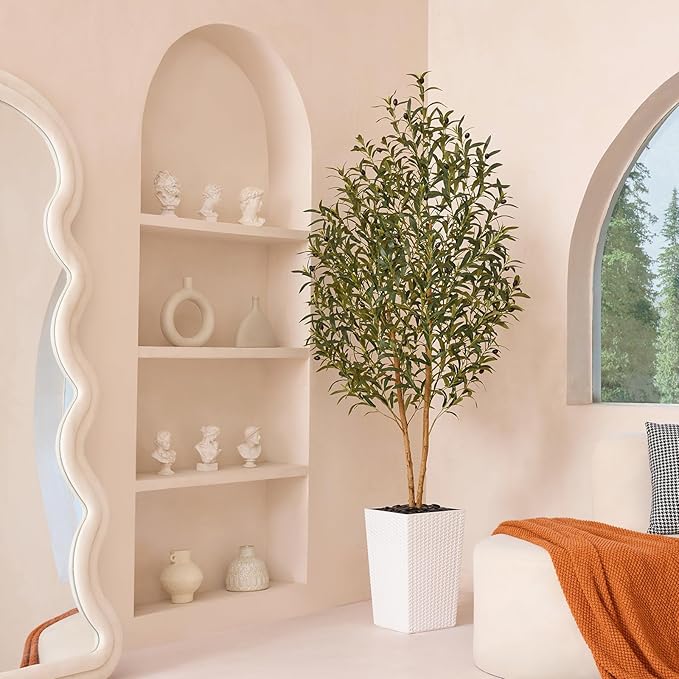 OAKRED Artificial Olive Tree 6FT Faux Olive Tree - Adjustable Branches UV Resistant with White Taper Planter and Pebbles - Faux Plants Indoor for Living Room, Office Decor and Bedroom