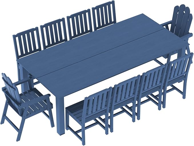 11-Piece Patio Dining Set for 10, HDPE All-Weather Outdoor Furniture with Umbrella Hole Table, 89.76” Oversized Table, 2 Armchairs & 8 Armless Chairs, Navy