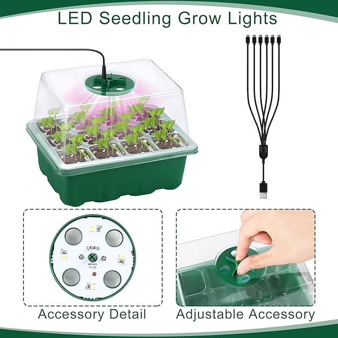 6 Pack Seed Starter Tray Kit with Grow Light and Seedling Heat Mat 72 Cells Seed Starter Tray with Humidity Dome and Base Plastic Plant Growing Germination Trays for Seed Propagation, Green