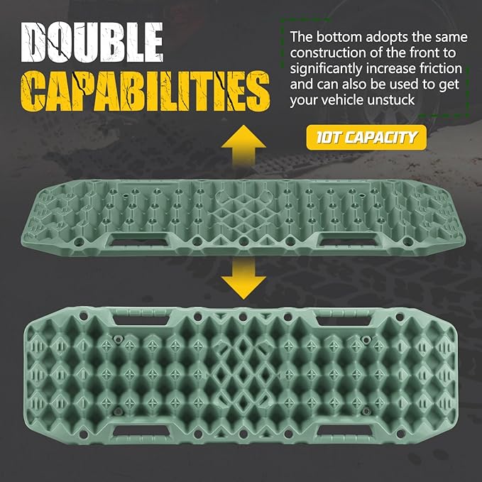 BUNKER INDUST Off-Road Traction Boards with Jack Base,Pair Recovery Track 4X4 Jeep Truck Emergency Tire Traction Mat with Bag -Sand, Mud, Snow Tracks Green Traction Pad (Gen 7th)