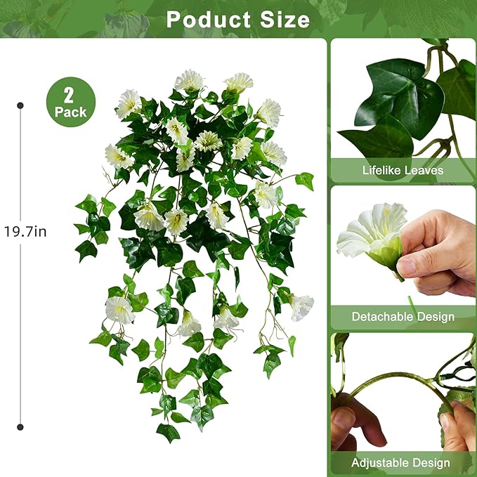 Morning Glory Artificial Hanging Flowers for Outdoors 3 Pcs Fake Petunias Flower Faux Silk Long Trailing Vines Realistic Flower for Front Door Porch Patio Balcony Garden Yard Decor (3 Pcs Beige)