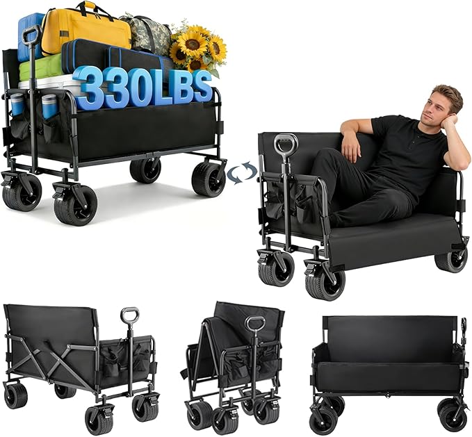 Wagon Foldable Cart Convert to Bench, Collapsible Heavy Duty Cart with Wheels, All Terrain Camping, Utility Grocery Wagon for Beach, Shopping, Garden, Sports and Fishing (LY008-BLACK)