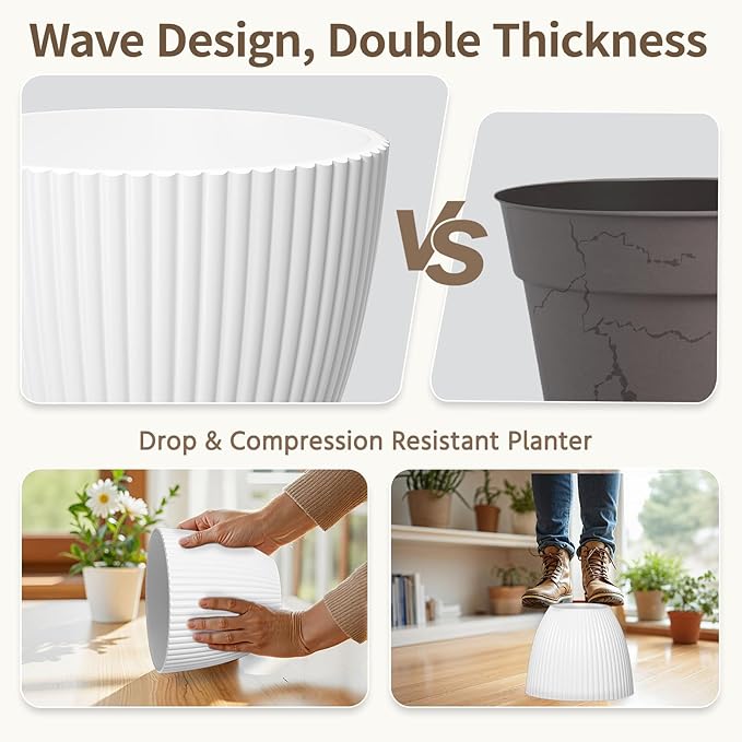 LASZOLA White Plant Pot Plastic Planter with Drainage Holes and Saucer Tray for Indoor Flower, Medium to Small 7.5/6.5/5.5/4.9/4.2/3.5 Inch, Modern House Decorative Gardening Round Pot, Set of 6