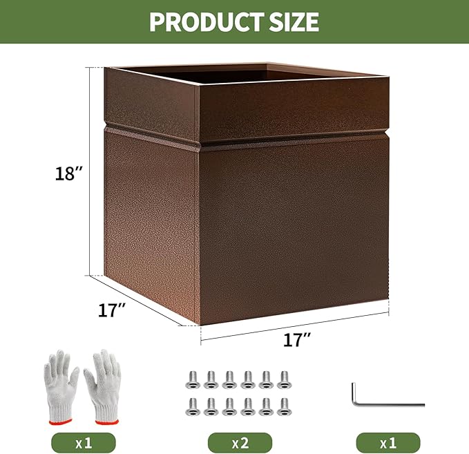 HONYTA Matel Planter Box 17" L x 17" W x 18" H, Cube Heavy Duty Powder Coating Steel Planters with Drainage Hole, Indoor Outdoor All-Weather Use for Home, Porch, Patio, Garden(Bronze)