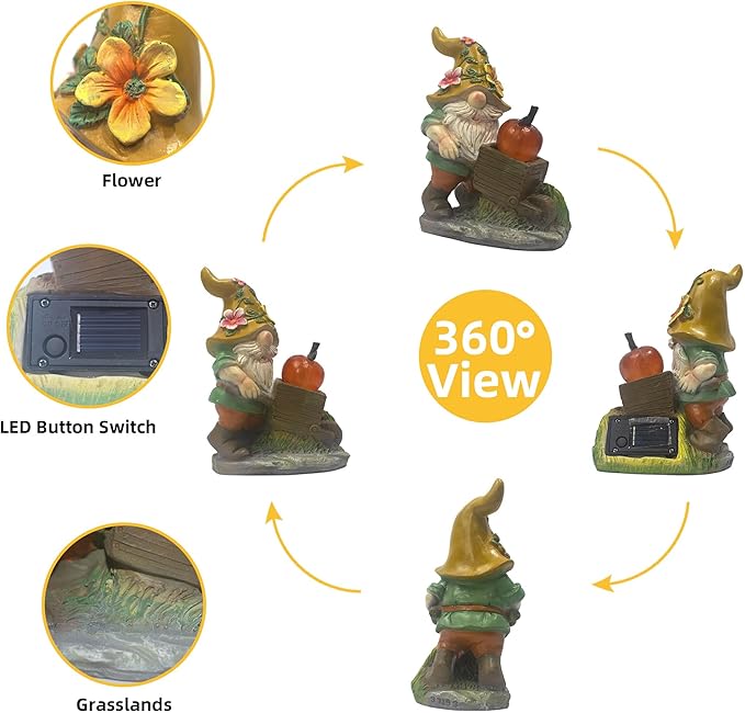 Garden Solar Gnomes Outdoor Statues with Apple Gnome Outdoor Decor for Patio, Balcony, Lawn, Yard Ornament - Garden Gifts for Mothers Day, Housewarming, Festival