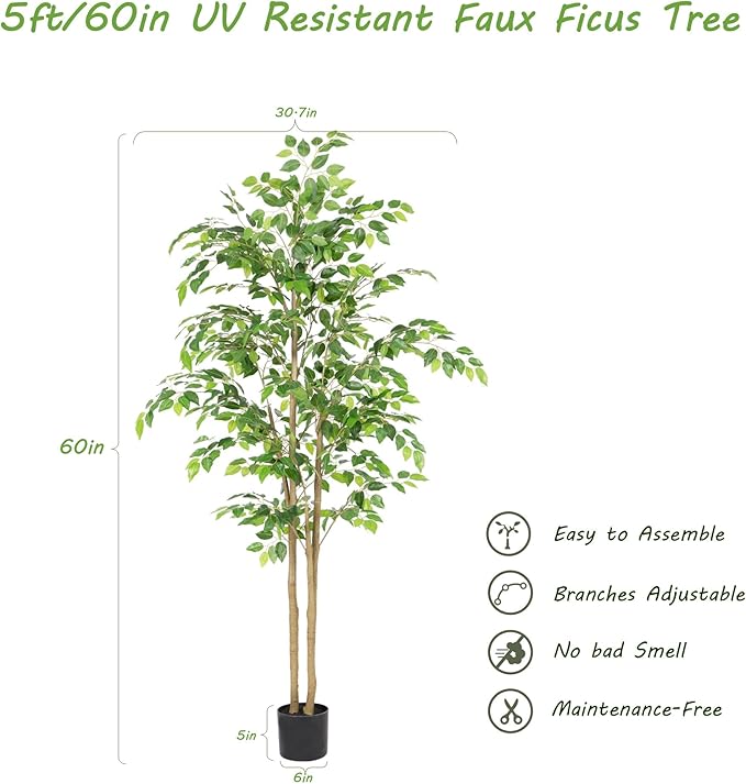 Tall UV Resistant Ficus Tree Artificial，5ft(60in) Faux Ficus Tree with Realistic Smooth and Shiny Leaves， Fake Trees Indoor Outdoor for Home Office Living Room Bedroom Foyer Porch Decor.