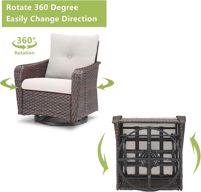 Rilyson Outdoor Patio Swivel Rocker Chairs - 6 PC Wicker Patio Bistro Sets with High Back,Comfy Cushions, Deep Seating and Side Table for Porch Deck Backyard Garden(Brown/Beige)