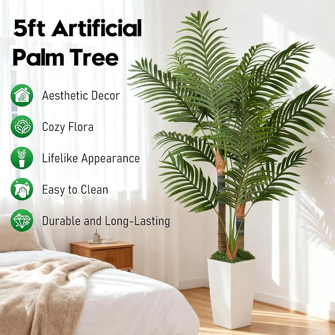 5ft Artificial Palm Tree Indoor Plant with White Tall Planter, Faux Silk Tropical Areca Floor Plant in Pot, Artificial Plants with Lifelike Leaves for Home Office Decor