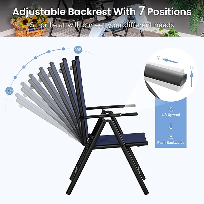 PHI VILLA Outdoor Patio Folding Chairs Set of 2, Portable Patio Dining Chairs with Adjustable Backrest for Outside, Garden, Lawn & Yard, No Assembly, Blue