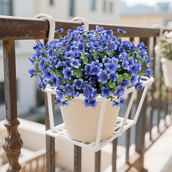 XccJLYB Artificial Flowers Outdoor UV Resistant Fake Plants, 12 Bundles Silk Daisy in Pots for Porch Patio Garden, Faux Potted Home Decor for Outside (Blue)