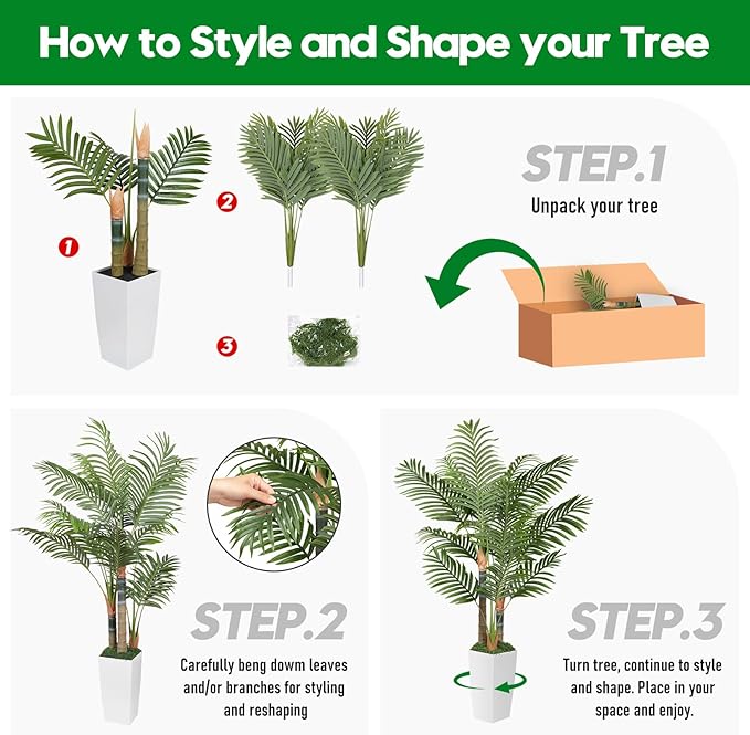 5ft Artificial Palm Tree Indoor Plant with White Tall Planter, Faux Silk Tropical Areca Floor Plant in Pot, Artificial Plants with Lifelike Leaves for Home Office Decor