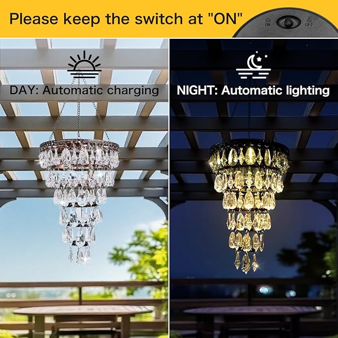 Solar Hanging Acrylic Crystal Chandelier Outdoor Garden Decorative Lights a Bright Warm LED and 5ft LED Strip Weatherproof Tree Hanging Lantern for Valentine Gifts Garden Gazebo, Party, Wedding 6 Tier