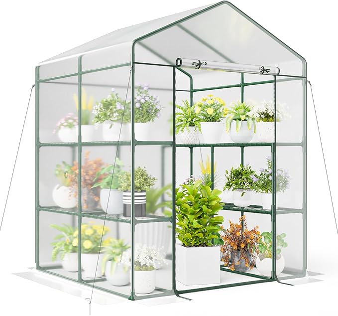 Happygrill Greenhouse, Portable Greenhouses for Outdoors w/8 Shelves, Roll-Up Zippered Door, 2 Observation Windows & 2 Tiers, Weather-Proof PE Cover, Wind Rope (Transparent, 55” x 57” x 77”)