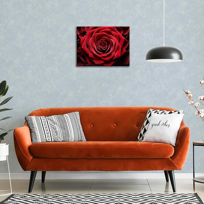 Red Rose Close Up Detail Modern Framed Flowers Giclee Canvas Prints Red Romantic Rose Flower Nature Floral Photography Realism Botanical for Living room Bedroom Bathroom 12"x16" Framed