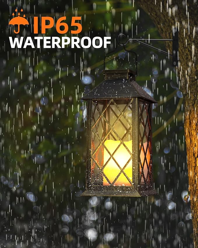 Otdair Solar Lanterns Outdoor Waterproof with Hook, 2 Pack 14" Solar Lantern with Glass Retro LED Flickering Flameless Candle,Lanterns Decorative Outdoor for Gift, Yard, Garden, Patio, Bronzen