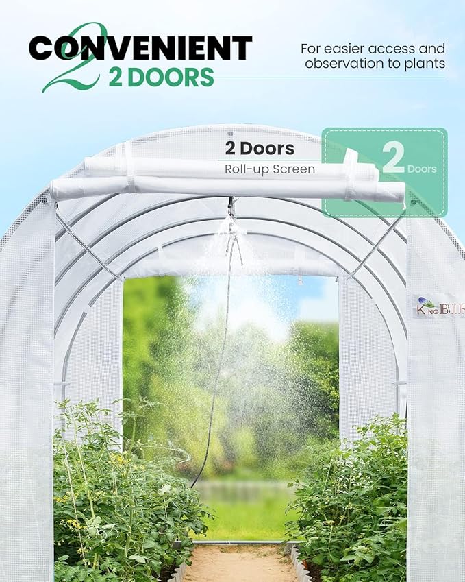 KING BIRD Premium 15x6.6x6.6FT Greenhouse for Outdoors, Large Walk-in Heavy Duty Galvanized Steel Frame, Mesh Door Screen Window Tunnel Hoop Garden Plant Winter Hot House, with Watering Kits, White