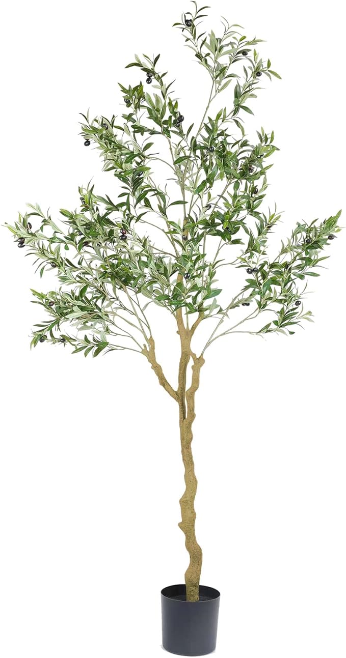 Nafresh Tall Faux Olive Tree，7ft（84in） Realistic Potted Silk Artificial Indoor with Green Leaves and Big Fruits for Home Office Living Room Bedroom Stairs Foyer Decor.