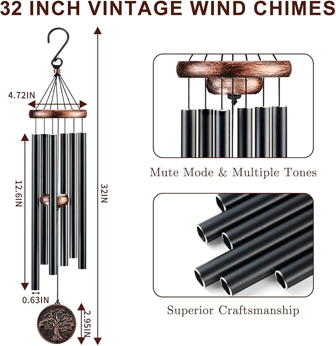 Gabzart Wind Chimes for Outside, Vintage Tree of Life Deep Tone Wind Chime Outdoor Clearance, Memorial/Festivals/Birthday Gift for Mom Dad Women Grandma, Garden Porch Patio Decor (32" Tree of Life)