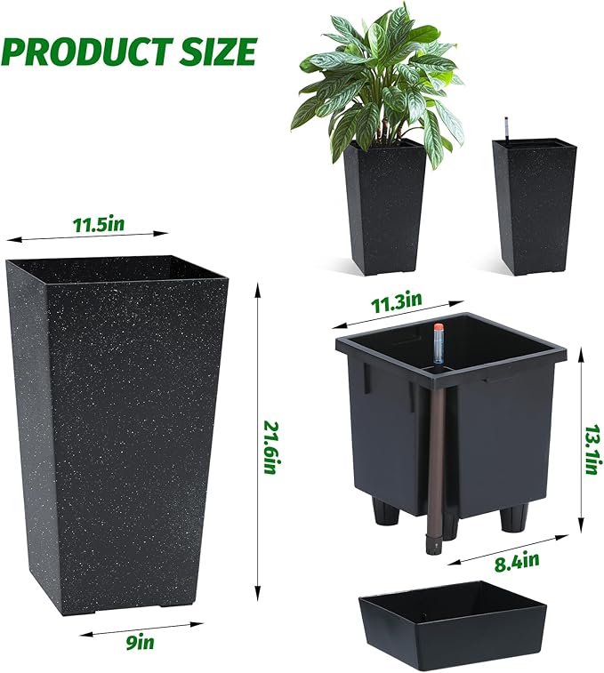 22.5" Tall Self Watering Planters Set of 2, Indoor Outdoor Plant Pots with Water Level Monitor & Drainage Holes, Automatic Watering System for Patio Garden Decor, Black