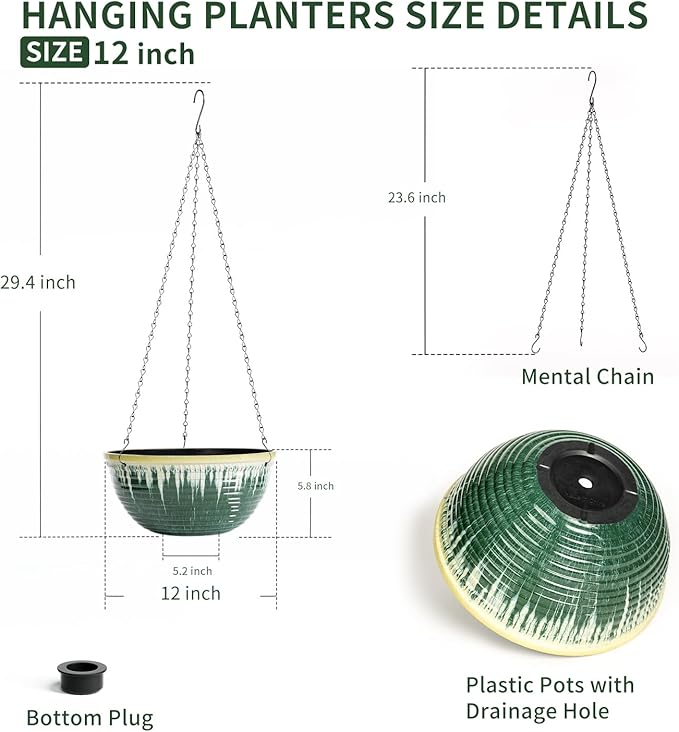 LESOASIS 12 inch Large Hanging Planters for Indoor Outdoor Plants, Set of 2 Glazed Hanging Flower Pots with Drainage Hole, Hanging Baskets for Garden Home Porch Decor