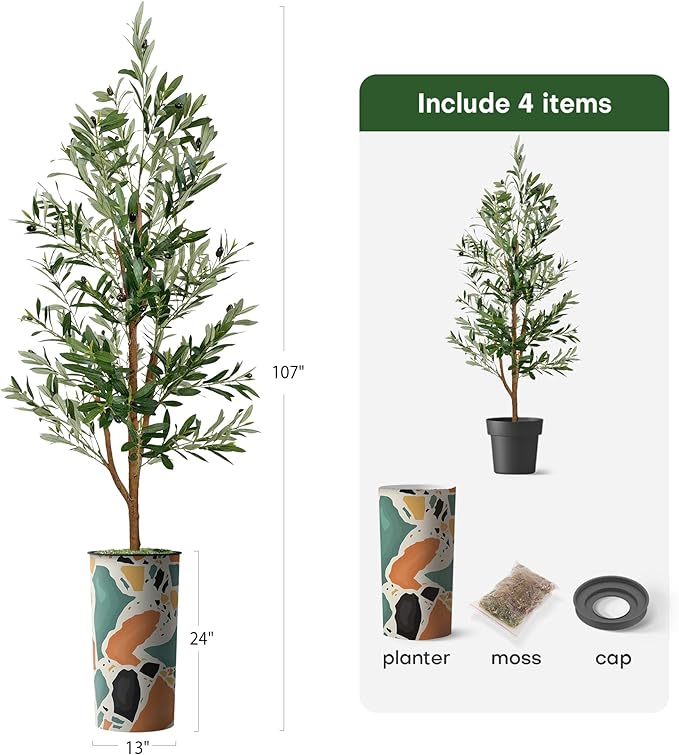 Artificial Tree in Modern Geometric Pattern Planter, Fake Olive Silk Tree for Indoor and Outdoor Home Decoration - 68" Overall Tall (Plant Pot Plus Tree)