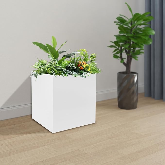 DYNAMI Square Planter Box White Steel Planter,17x17x18in Metal Planter Box Large Cube Plant Pot for Outdoor Plants,Modern Heavy Duty Flower Pot for Patio, Deck, Yard, Garden
