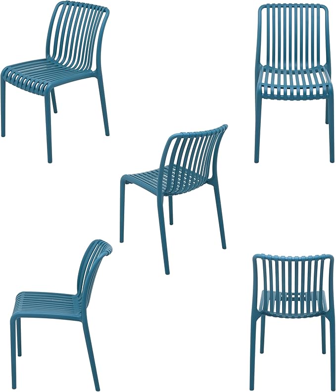 4 x Outdoor Stackable Dining Chair, All-Weather Plastic Patio Chair, Pool Side Chair, Modern Slatted Design for Balcony, Garden, Backyard, Indoor & Outdoor Use (Armless, Teal Blue)