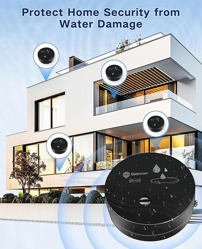 Geevon 4 Pack Water Leak Detectors, 100dB Water Sensor Alarms Flood Detector for Basements, Bathrooms, Laundry Rooms, Kitchens, Garages, and Attics, Water Alarms Battery-Operated (Battery Included)